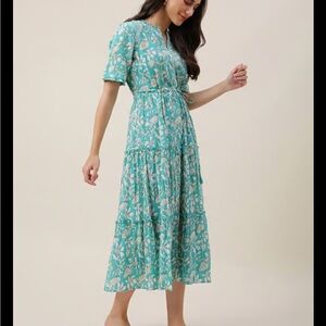 Fabindia Teal Hand Block Printed Tiered MIDI Dress Waist Tie with Tassels Size S